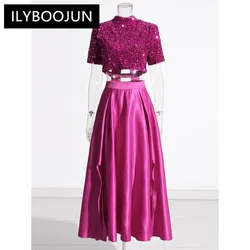 ILYBOOJUN Elegant Two Piece Sets For Women Stand Collar Short Sleeve Spliced Sequins Tops High Waist Skirt Chic Set Female