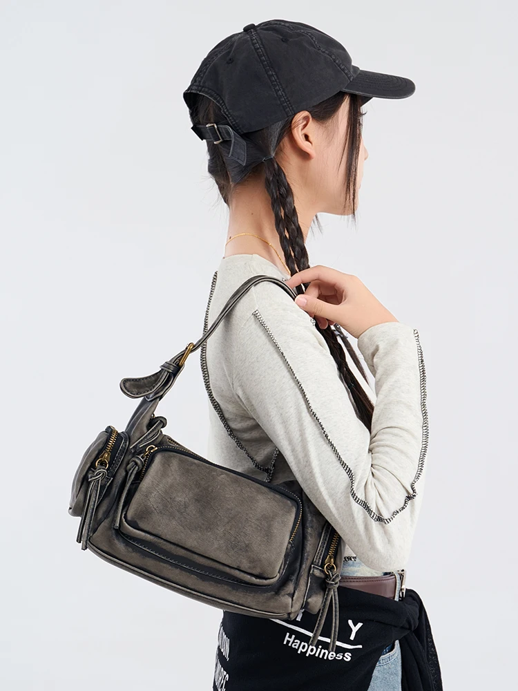 

Retro Soft Leather Square Bag Vintage Distred Underarm Crossbody Bag for Young Women Casual Faion Handbag