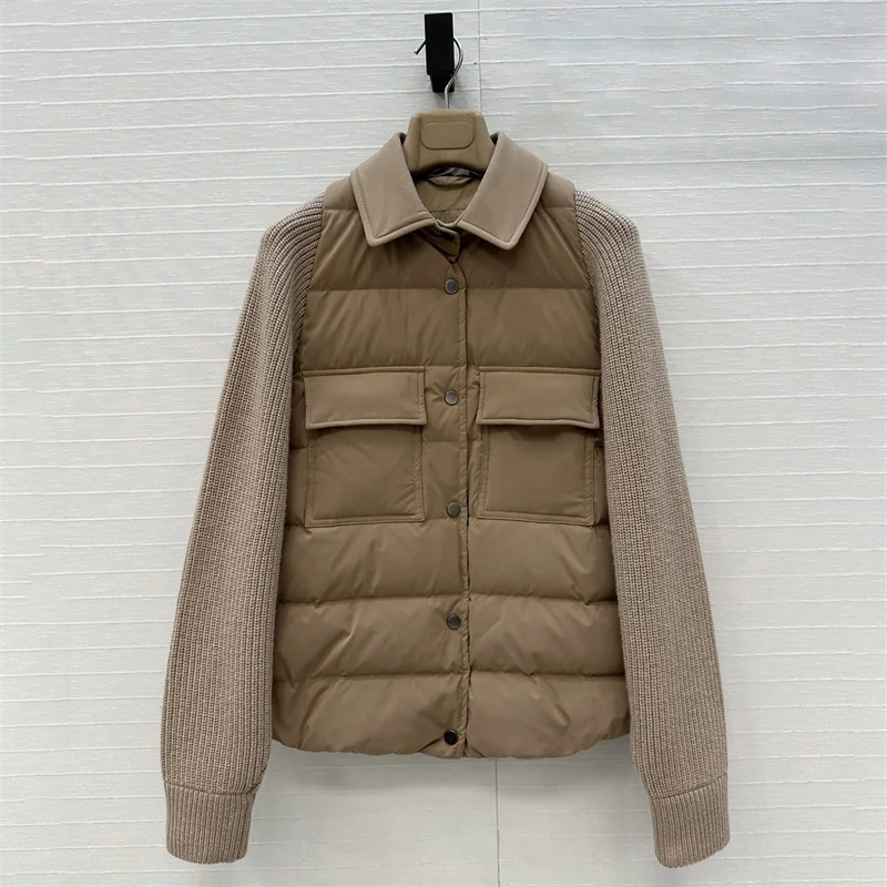 Women's winter down jacket New winter 2025 single breasted slim fit thick coat Elastic knit spliced goose down filled down coats