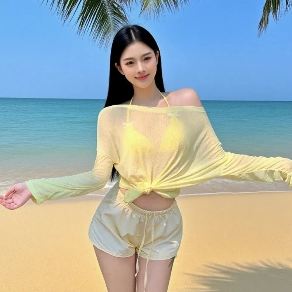 

Lace-up Women's Swimwear Set Beachwear Sun Protection Long Sleeve Swimsuit Mesh Transparent Loose 4Pieces Bikini Swimsuit