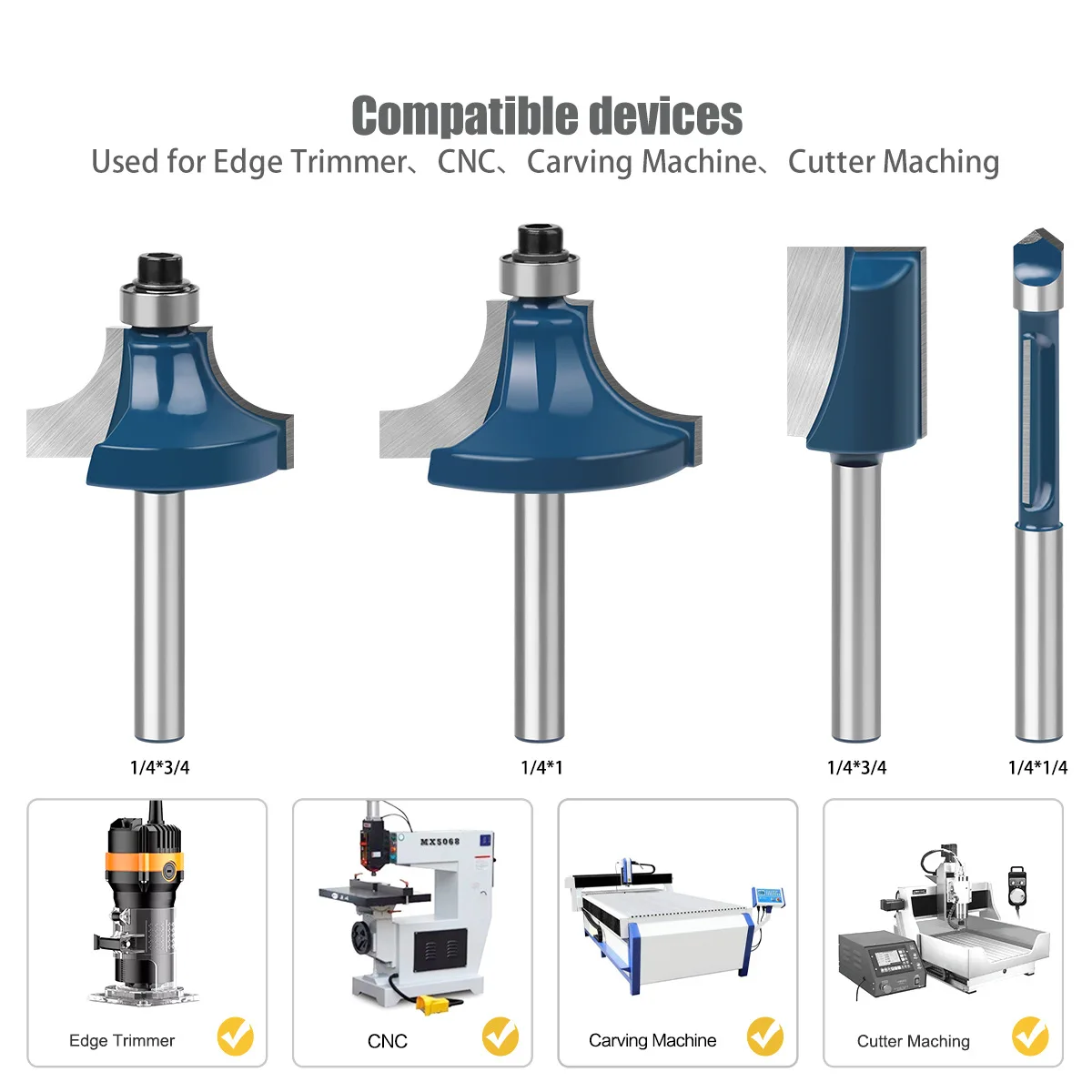 1/4 Handle seven-piece Combined Woodworking Milling Cutter Set Round Knife Straight Knife Trimming Machine Engraving Machine Kni