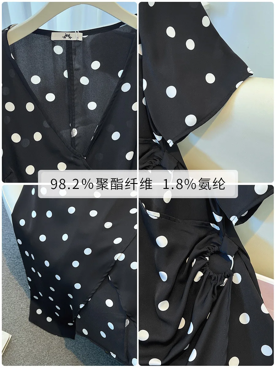 150kg plus size busto feminino 150 verão solto com decote em v manga curta bolinhas vestido plissado preto 5xl 6xl 7xl 8xl 9xl