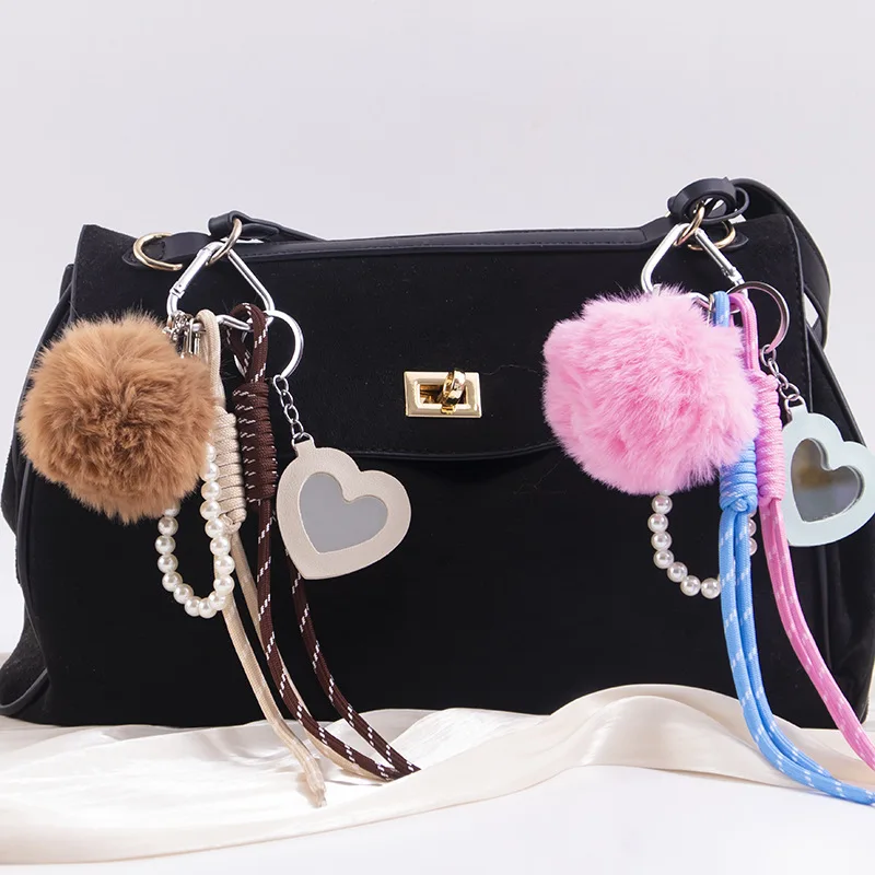 

Fashion Explosion PU Leather Love Makeup Mirror Bag Pendant Autumn Doll Cute Hairball Pendant Trinkets Bag Parts Accessories
