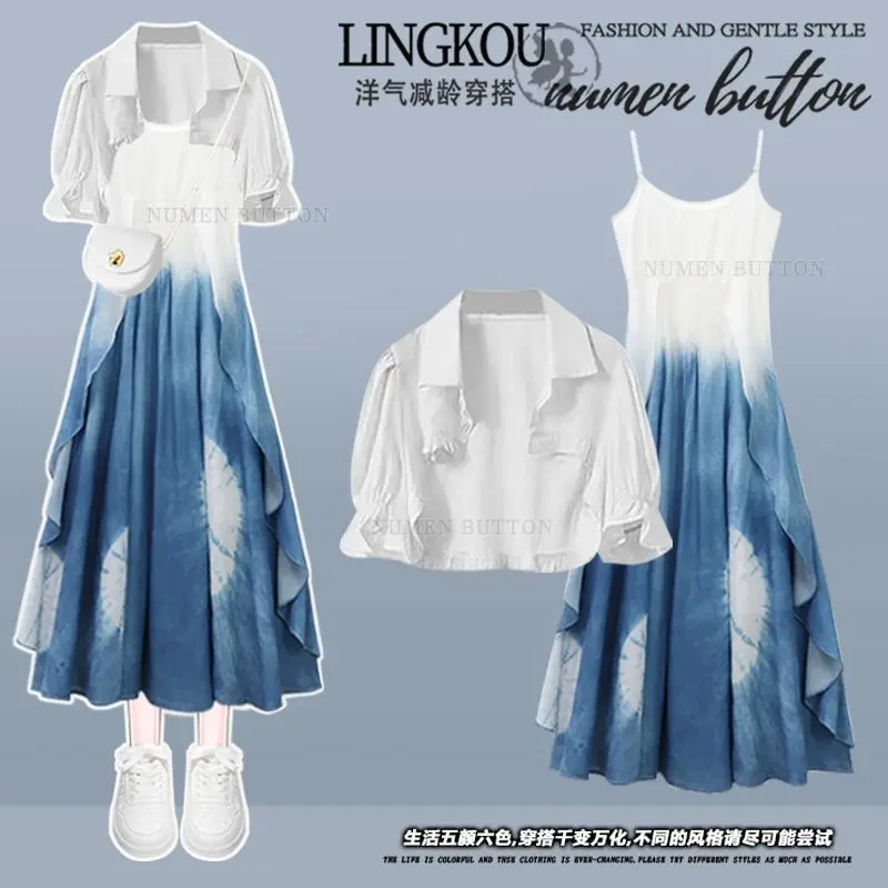

Elegant Floral Printed Long Skirts Set Women Short Sleeve Shirts Loose Pleated Skirt 2025 Summer Lady New Suits