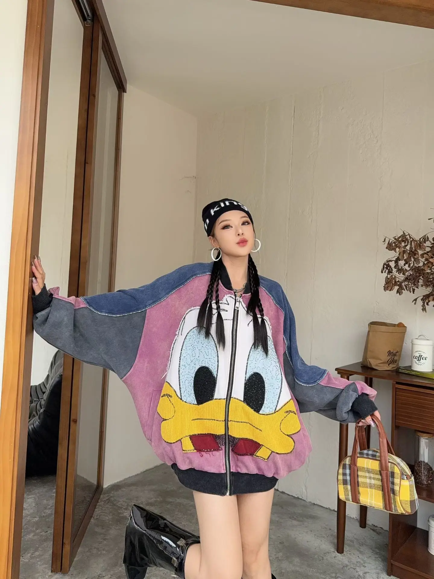 Heavy Industry Patchwork Duck Cartoon Baseball Jacket for Women Spring Autumn Heavy Industry Embroidery Jacket Trendy Brand