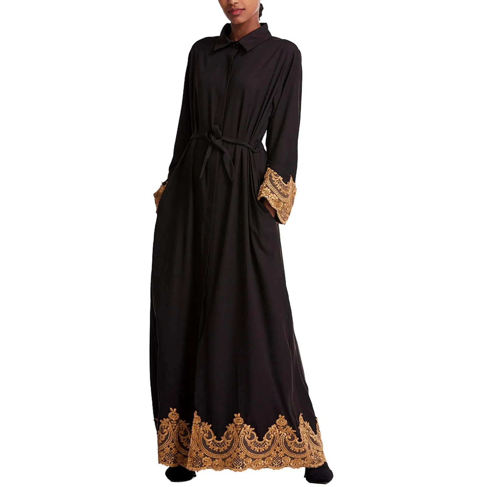 Arabische Geborduurde Jurk Kaftan Mode Moslim Vrouwen Abaya Afrikaanse Revers Lange Mouwen Indian Gewaad Dragen Een Set Van Casual Rok