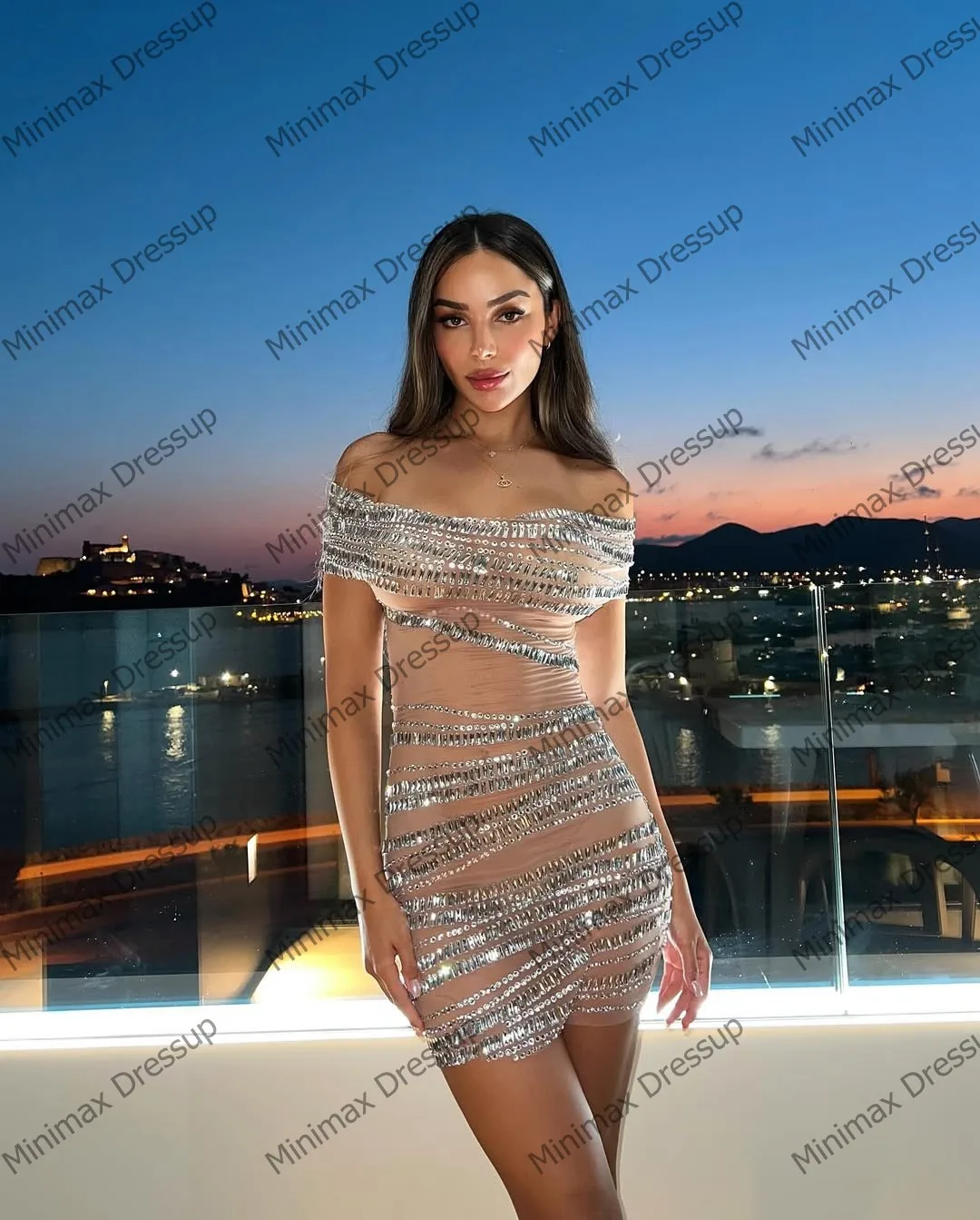 Glanzende kanten mini-cocktailjurken met pailletten voor dames Fonkelende zilveren kristallen Formele feestjurk Elegante avondjurken met mesh kralen