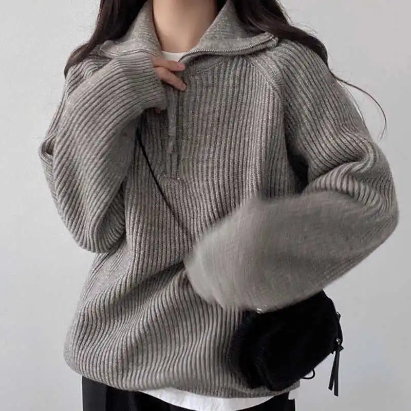 Purple Half Zippers Pullover Sweater Women Autumn Winter Loose Warm Long Sleeve Tops Female Solid Versatile Knitshirts