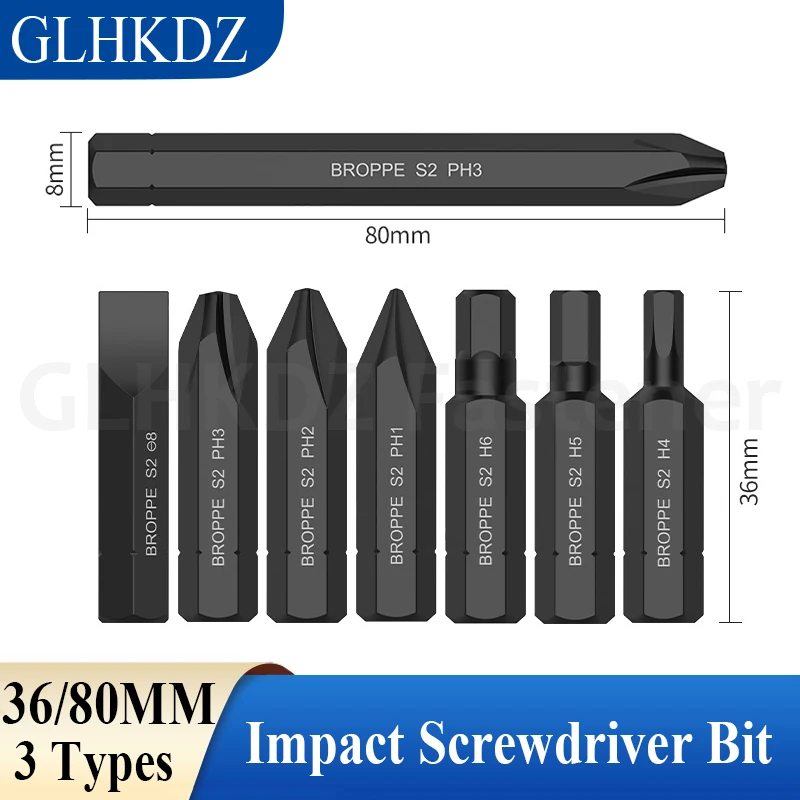 

36/80mm Impact Screwdriver Bit Set 8mm Hex Shank Impact Driver Bit Phillips/Slotted/Hex Magnetic Impact Bit for Impact Driver