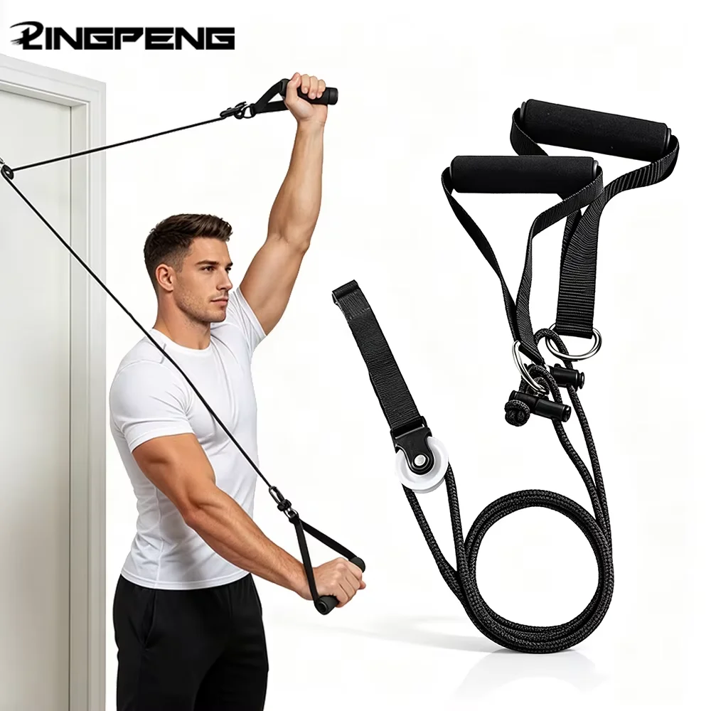 Portable Gym Pulley Pulldown Trainer with Door Anchor Foam Grips Home Fitness Tricep Arm Strength Workout Equipment