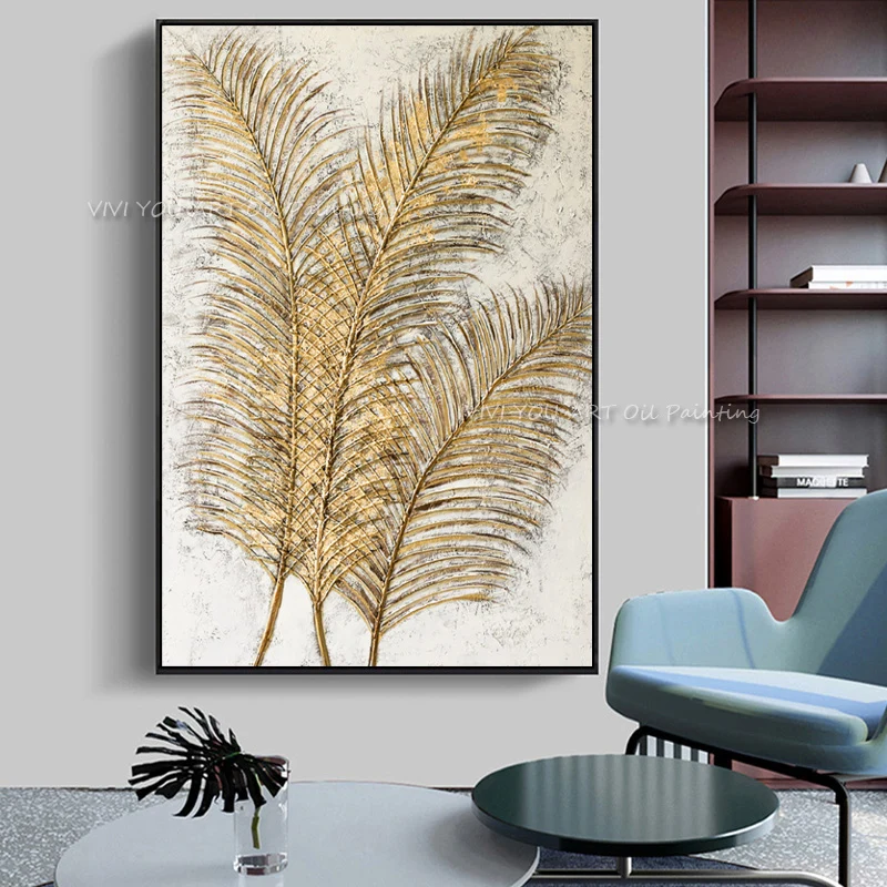 100% Handmade Large Nordic style Golden Feather Canvas Thick Painting Modern Decor Wall Art Pictures Living Room Decor