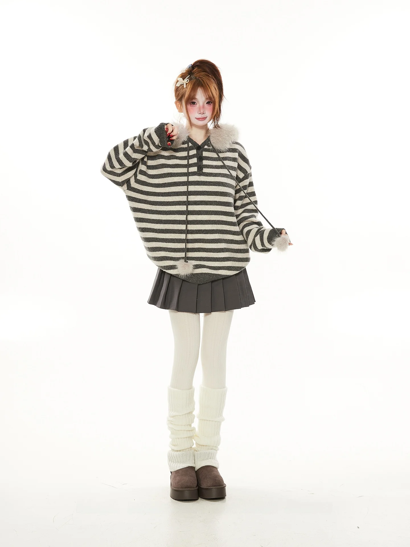 

Korean Sle Versatile Lazy Color Blo Striped Hooded Knitwear Casual Women's Top Spring Autumn High End Feeling Faionable...