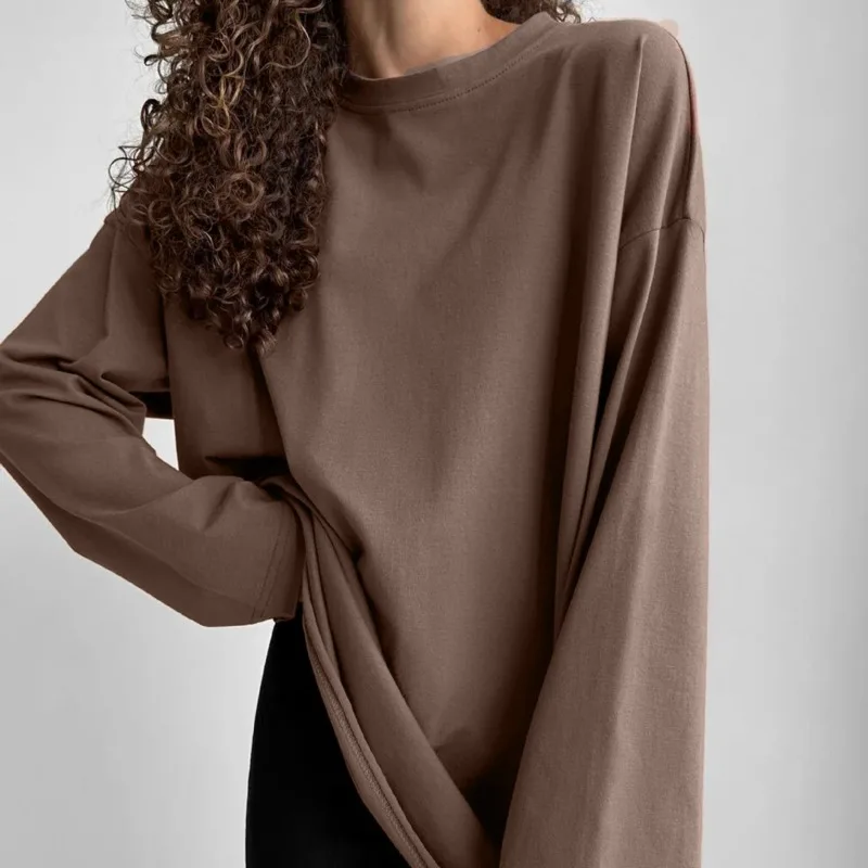 2026 Spring and Autumn New European and American Style Pure Cotton Long-sleeved T-shirt Women's Hand-worn Loose Top Cross-border