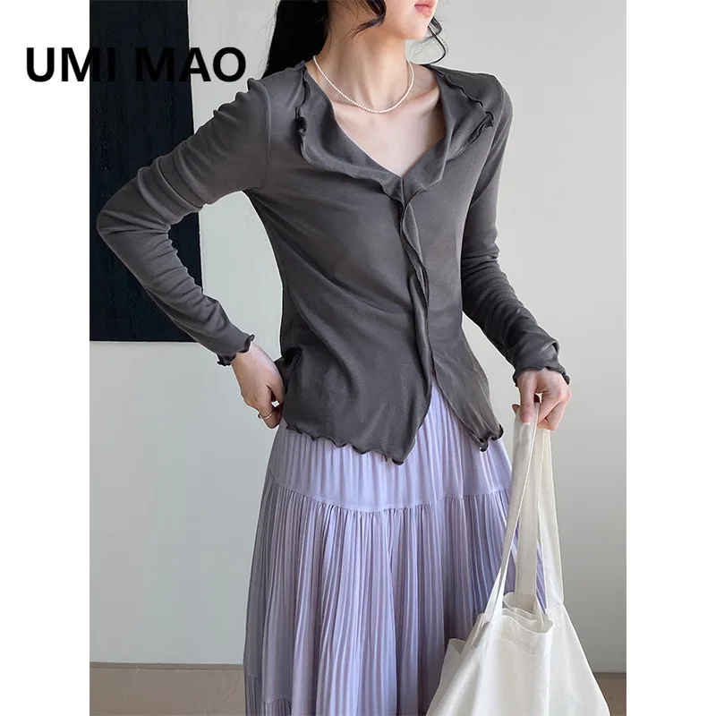 

UMI MAO Топ с v-образным вырезом для женщин, приятный для кожи и мягкий женский дизайн с деревянными ушками для женщин Y2K Camisa Feminina