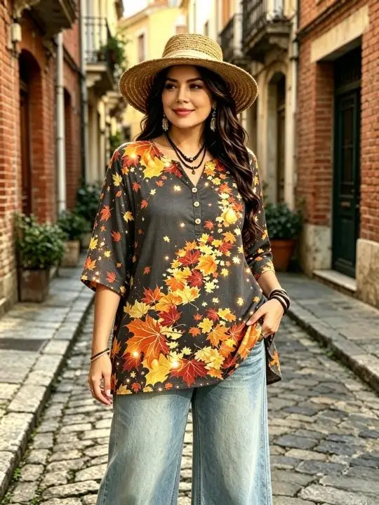 Women Floral Maple Leaf Butterfly Print Blouse Notched Neck 3/4 Sleeve Loose Tops Retro Flower Autumn Pattern Shirts
