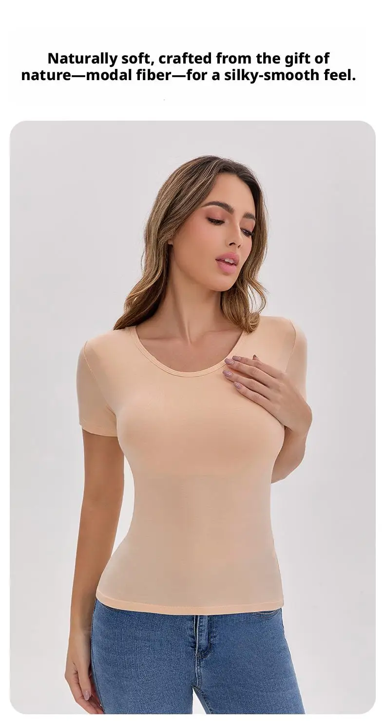 Ubowen Für 40-90 kg große Frauen, Übergrößen-T-Shirt mit kurzen Ärmeln, integriertem BH, Rundhalsausschnitt und festem Körbchen. – Detail 11