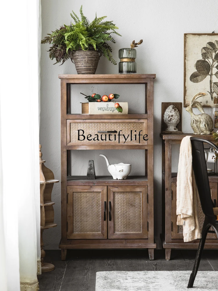 American Retro Sideboard Cabinet Solid Wood Rattan-like Woven Old Multi-Functional Tea Cabinet Silent Style Entrance Cabinet