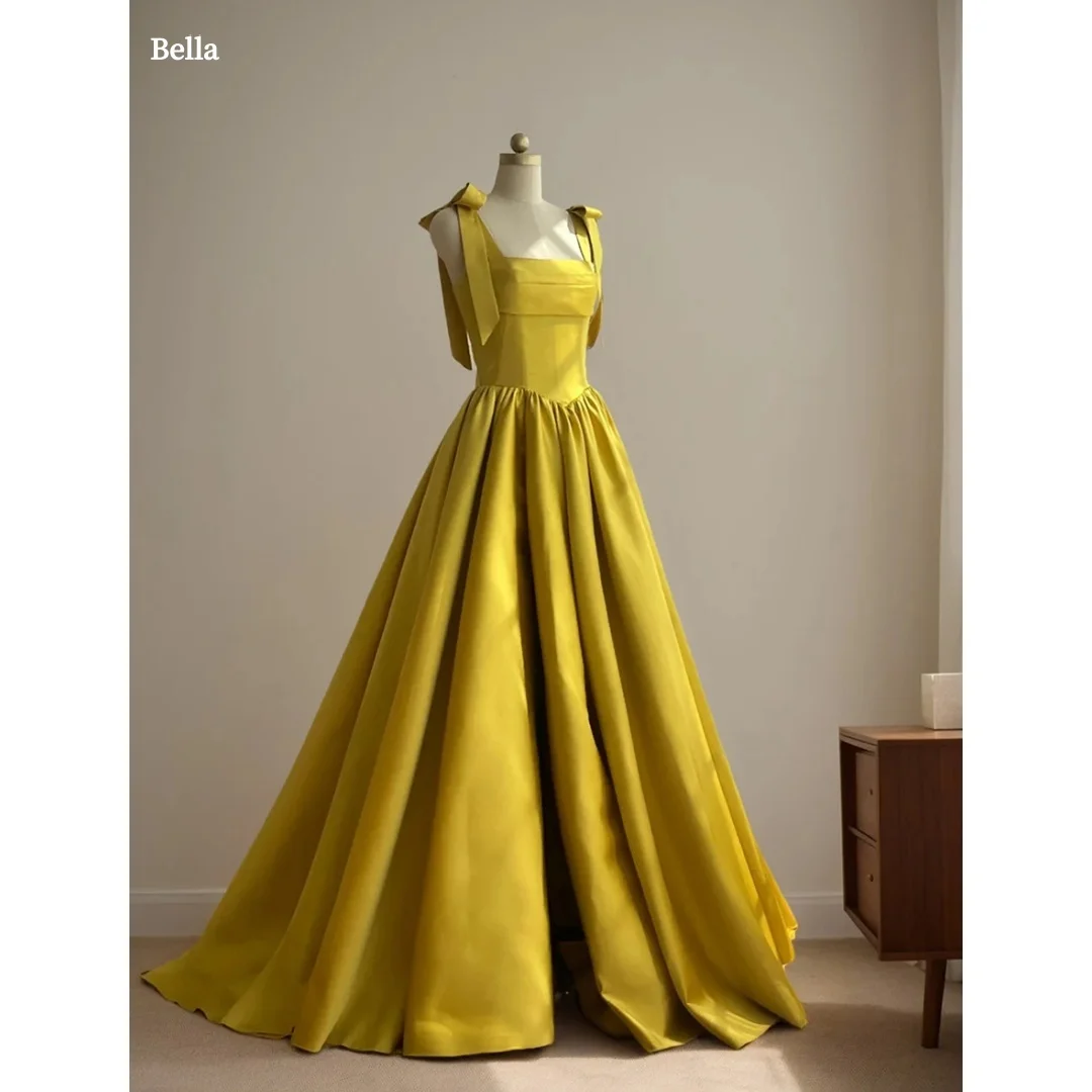 

Bella Customized Lemon Yellow Square Neck Prom Dress Spaghetti Strap Bow Satin Ball Gown Floor-Length Train robes de soirée