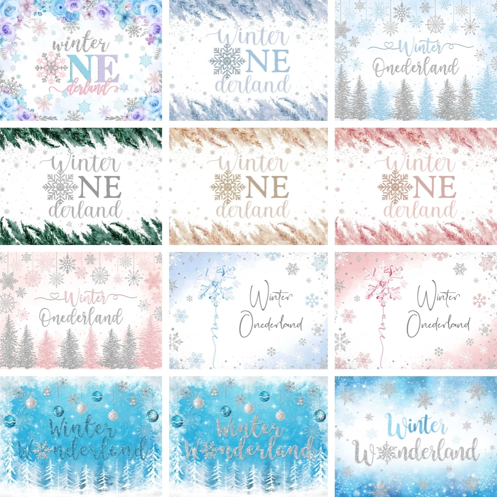 الشتاء Onederland 1st حفلة عيد ميلاد خلفية ندفة الثلج الأشجار البيضاء الفتيان أول عيد ميلاد خلفية للتصوير استحمام الطفل