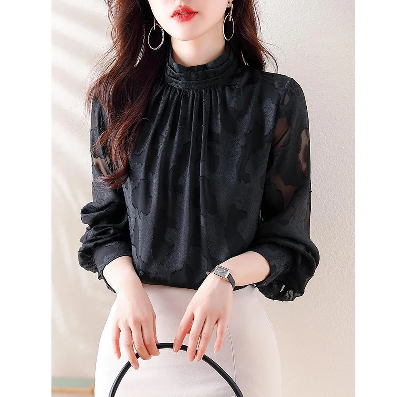 Women Korean Fashion Vintage Print Elegant Blouse Office Lady Casual Ruffled Stand Collar Shirt Sexy Mesh Long Sleeve Chic Tops