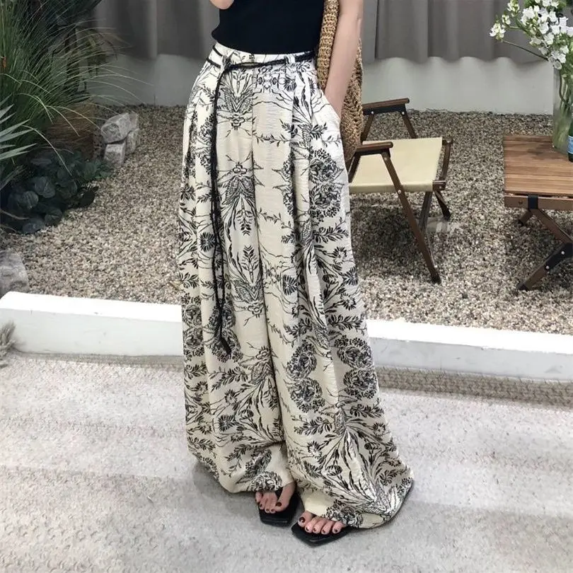 Retro jacquard high-waisted slim wide-leg pants women's summer new high-waisted hip-covering casual pants with belt