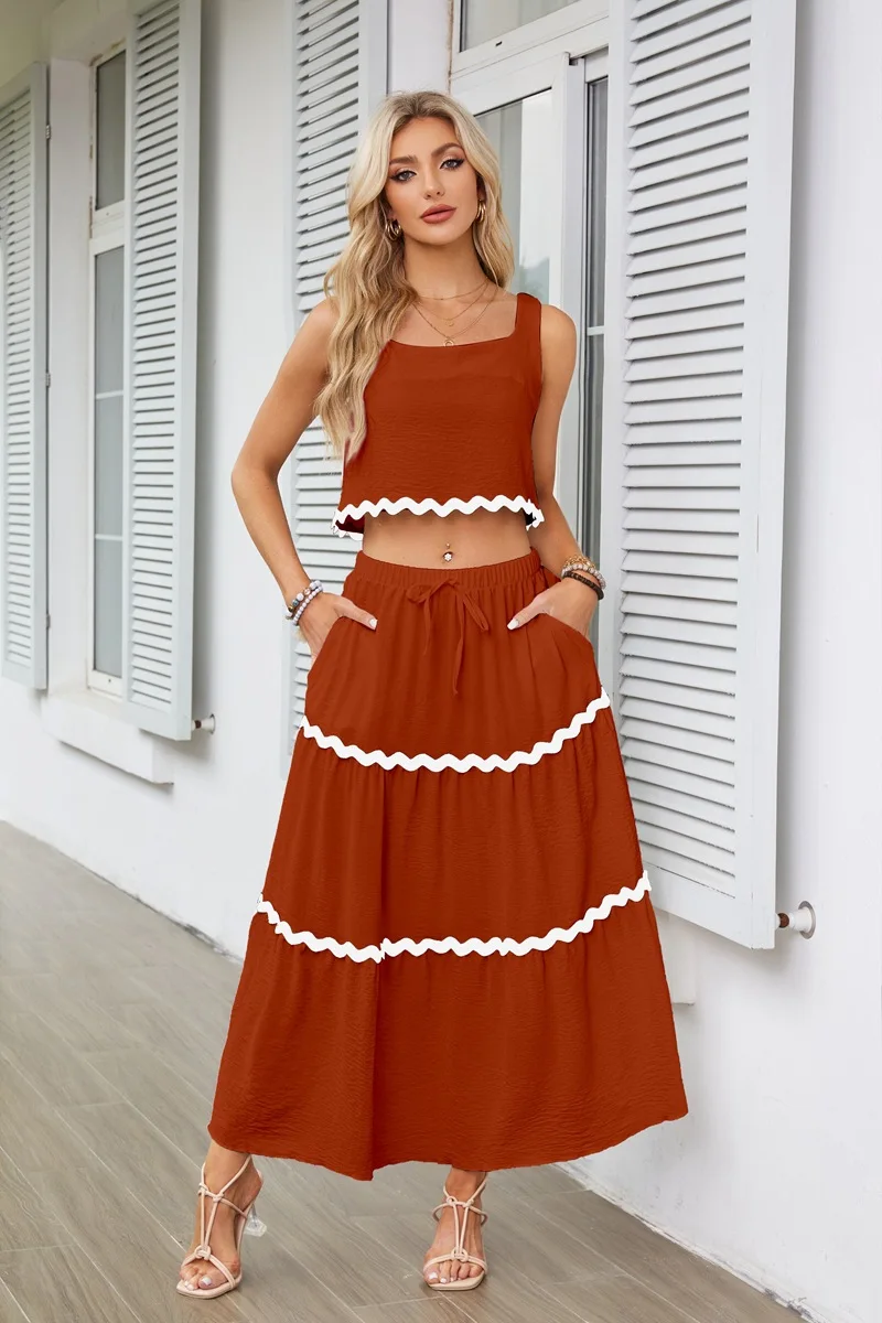 Wave Stripe Holiday Strap Dress Set Spring Summer Crop Top Elegant Sleeveless 2 Pcs Matching Sets Long Skirt A-line Beach Suit