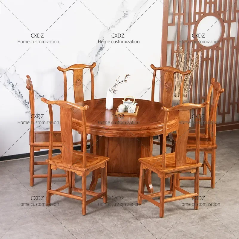 Modern Simple Solid Wood Round Dining Table Set for 6 People Pear Color Small Apartment Family Kitchen Furniture