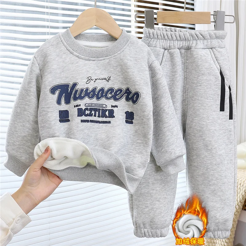 Boys Girls Padded Sportwear Sets Winter Kids Thick Plus Velvet Pullover Outfits Teen Sweatshirt+Pants 2Pcs Children Clothes Suit
