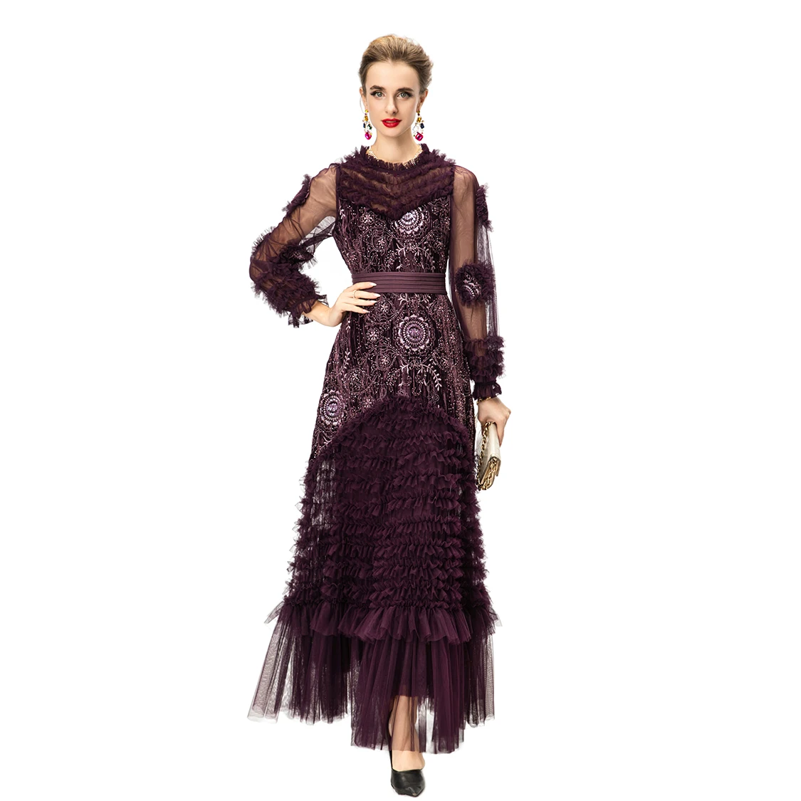 Vestido bordado de tule de veludo ameixa com miçangas lantejoulas gola alta mangas compridas plissado guarnição saia em camadas vestido de cintura