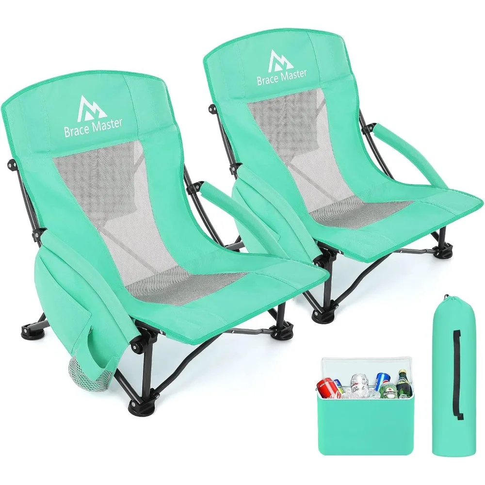 Beach Chair Camping Chairs,Low Back Sand Chairs,Foldable Mesh Back Design with Cup Holde Cooler Phone Bag,Folding Chair