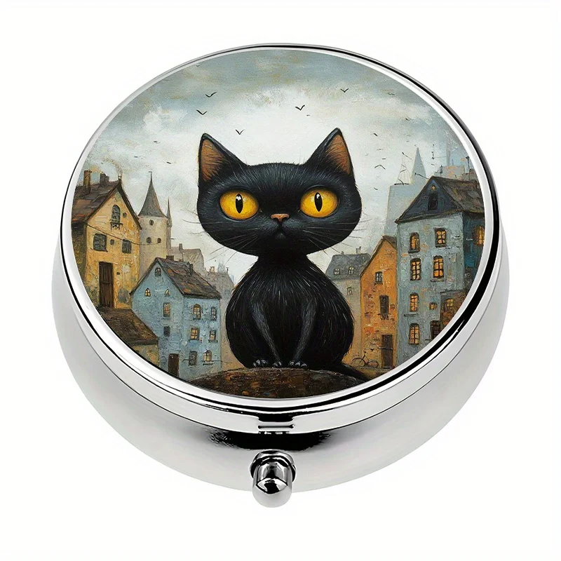 1 pill box with 3 compartments, cute black cat cityscape themed mini pill container, pill organizer, a unique gift suitable for travel and daily use