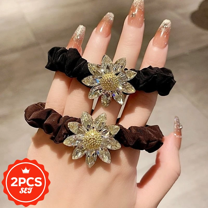 

2Pcs/set Sparkling Flower Small Intestine Hair Ties Ponytail Temperament Headband Simple High Elasticity Hair Rope Women's