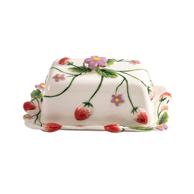 Ceramic butter preservation jar cheese cheese box Strawberry heavy industry hand-painted relief underglaze butter box