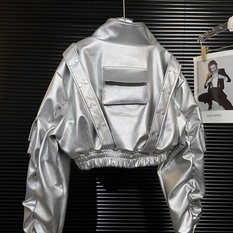 European Heavy Industry Sweet Cool Metal Rivet Large Pocket Pleated Women's Jacket Original Design Workwear PU Leather Coat Girl