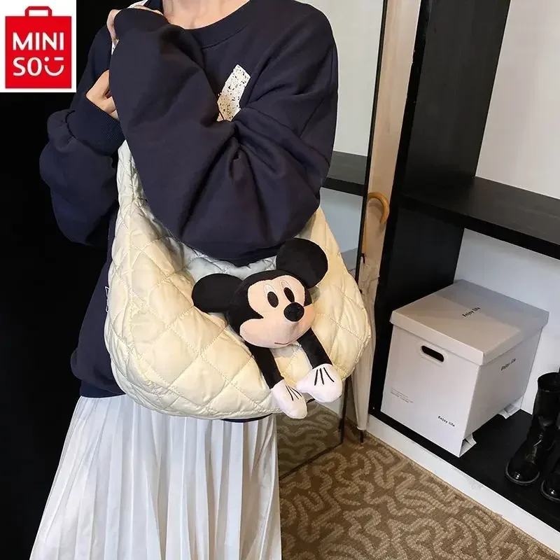 

MINISO 2024 new fashionable diamond grid embroidery thread storage bag, women's cartoon Mickey multifunctional handbag