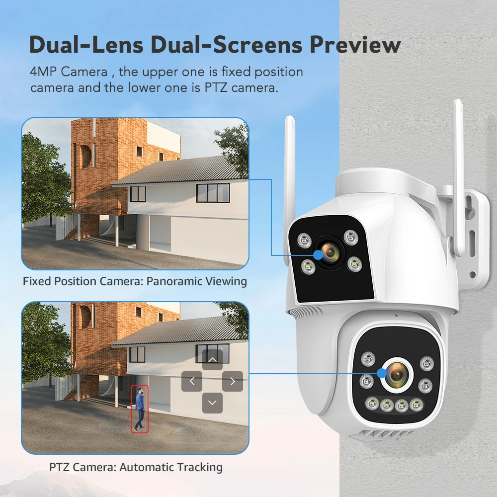 Imagem -02 - Outdoor Dual Lens Ptz Surveillance Security Cam Auto Tracking Visão Noturna Colorida Áudio Bidirecional Dual Screen Wifi 4g 4mp