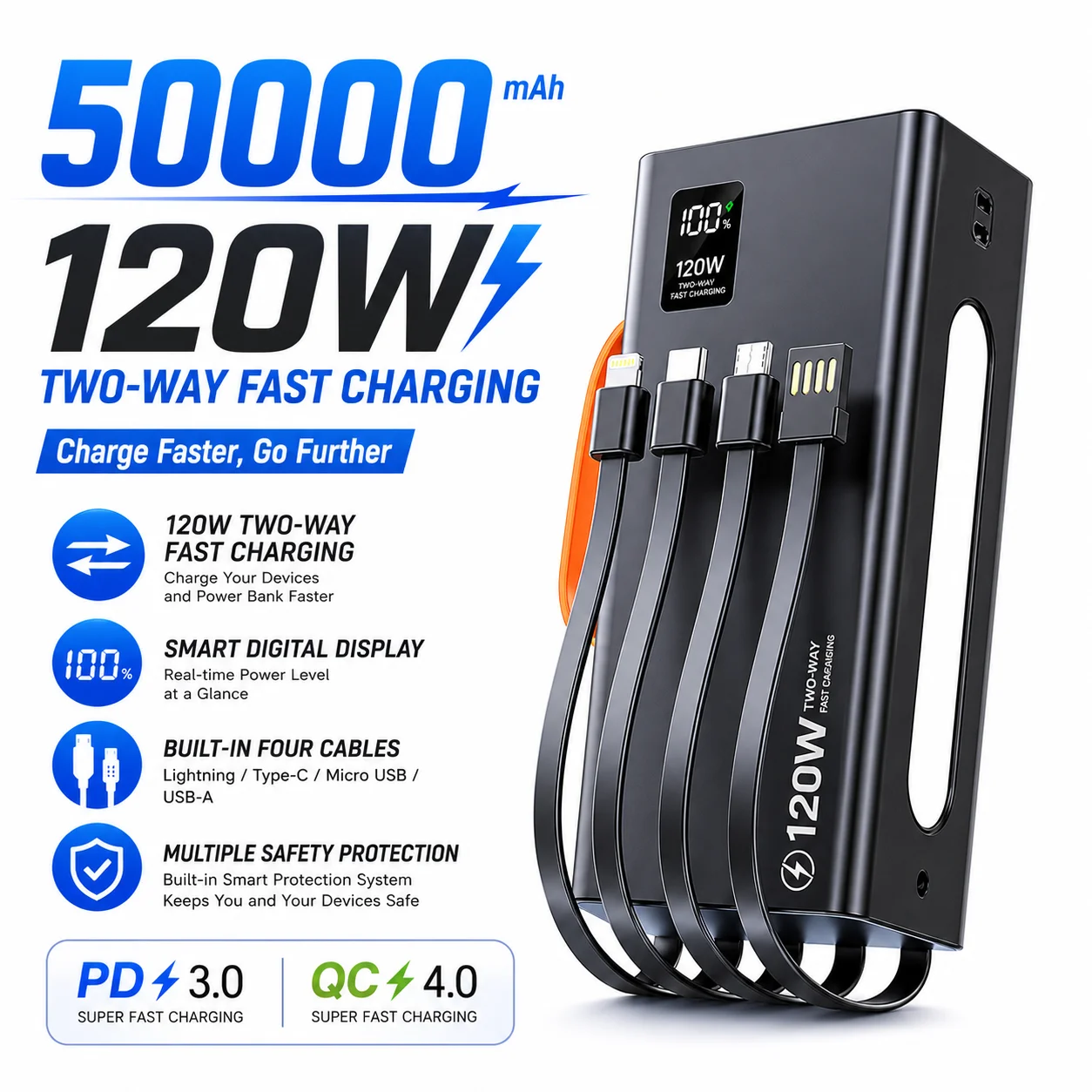 Ultra Portable 50000mAh Power Bank 120W Fast Charging External Battery, Built-in Cable Universal Powerbank for iOS Android