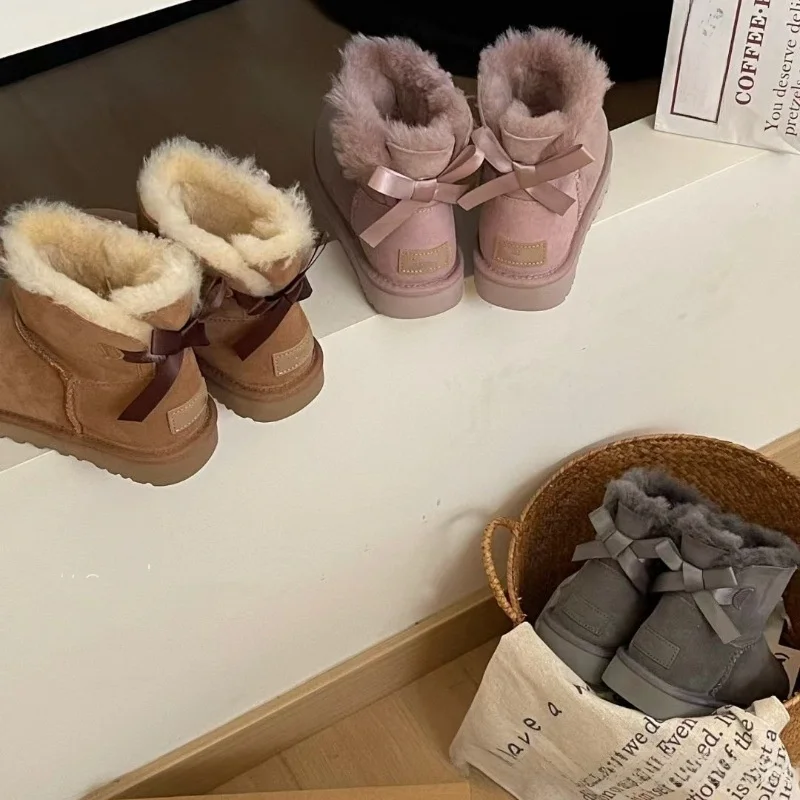 

Classic Bailey Style Women's Snow Boots Sheepskin Fur Integrated Knot Cotton Shoes Comfortable Warm Winter Booties