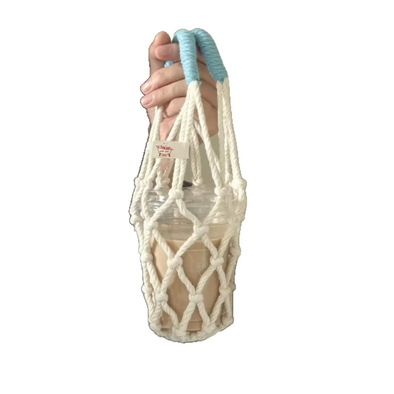 Hand Woven Cotton Macrame Cup Holder Net Bag, Portable Foldable Coffee Water Bottle Tote, Eco Reusable Drink Carrier Sleeve