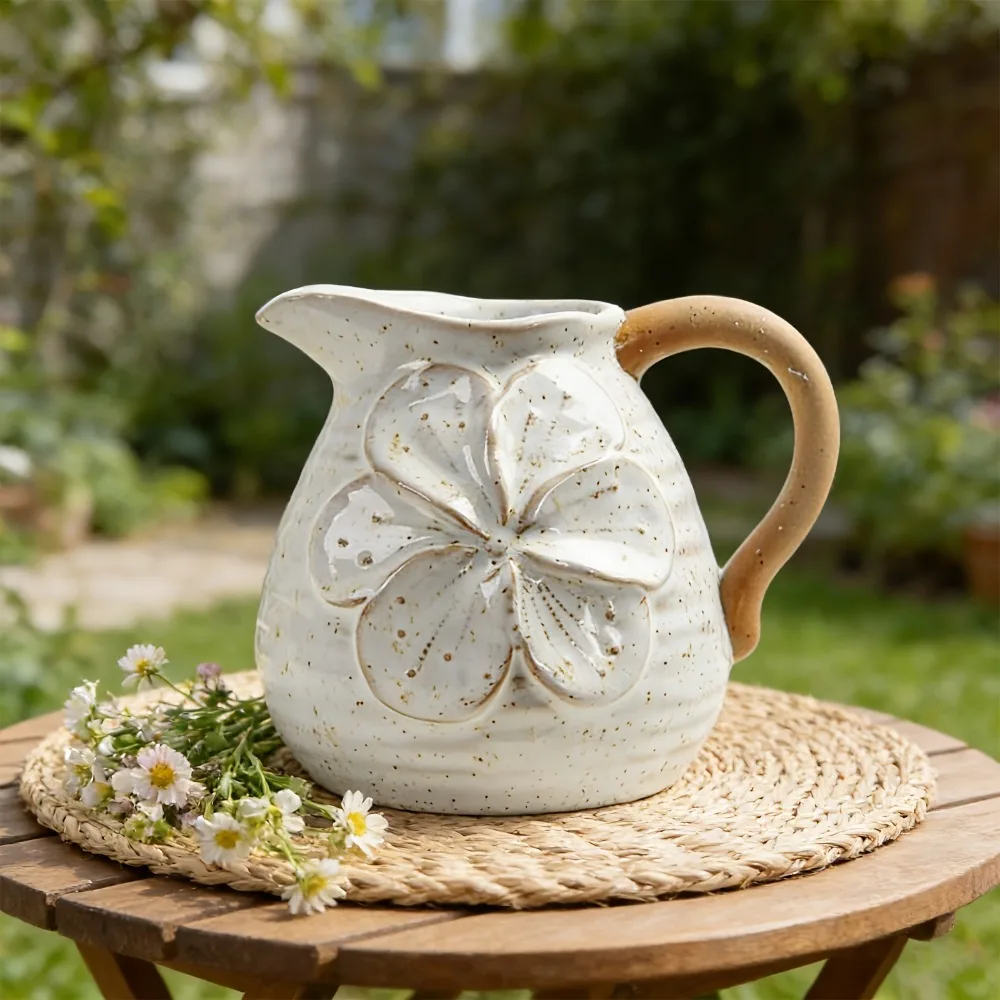 Ceramic Pitcher Vase with Handle Rustic Farmhouse Style Flower Embossed Jug Floral Arrangement Home Kitchen Living Room Decor