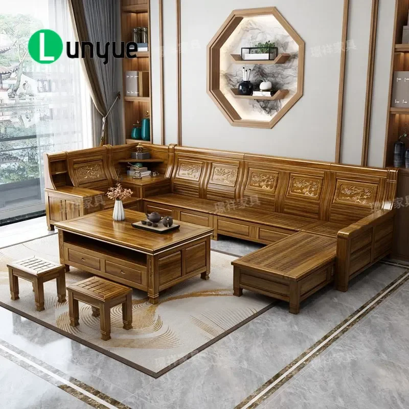 Camphor Wood Solid Wood Sofa Antique Carved Corner Chaise Lounge Living Room Furniture Winter Summer Dual Purpose