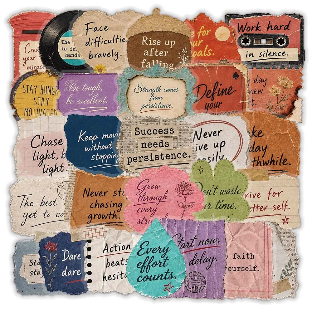 50Pcs Vintage Inspirational Quote Stickers Colorful Torn Paper Motivational Words Decals for Journal Scrapbooking Craft Decor