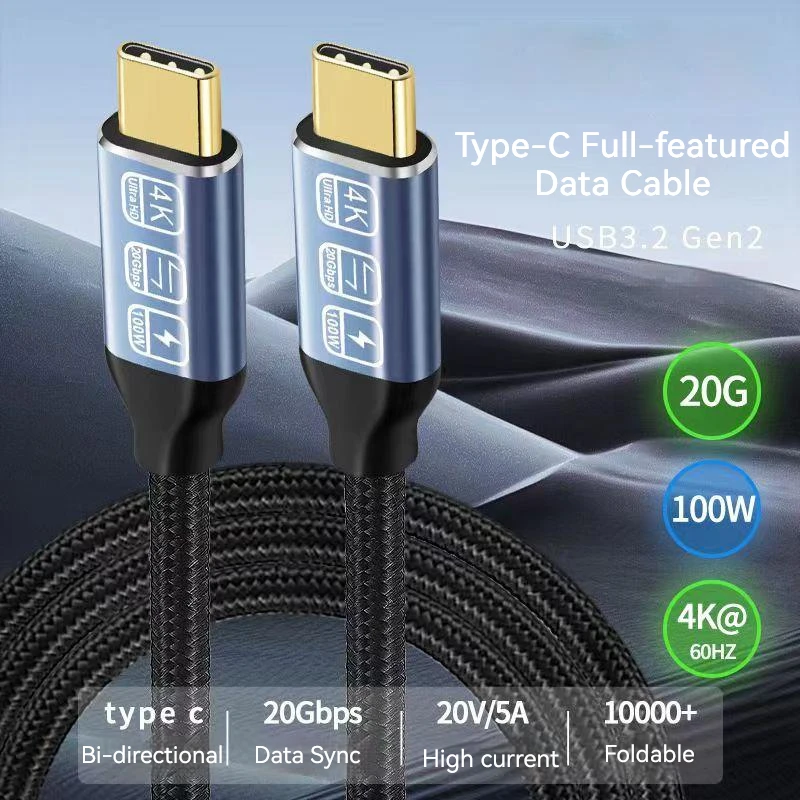 USB C 3.2 Gen2 20Gbps Thunder-bolt3 Type-C Data Cable 4K@60Hz 100W 5A PD QC Charging and Data Sync Cable for PC Macbook Ipad Pro