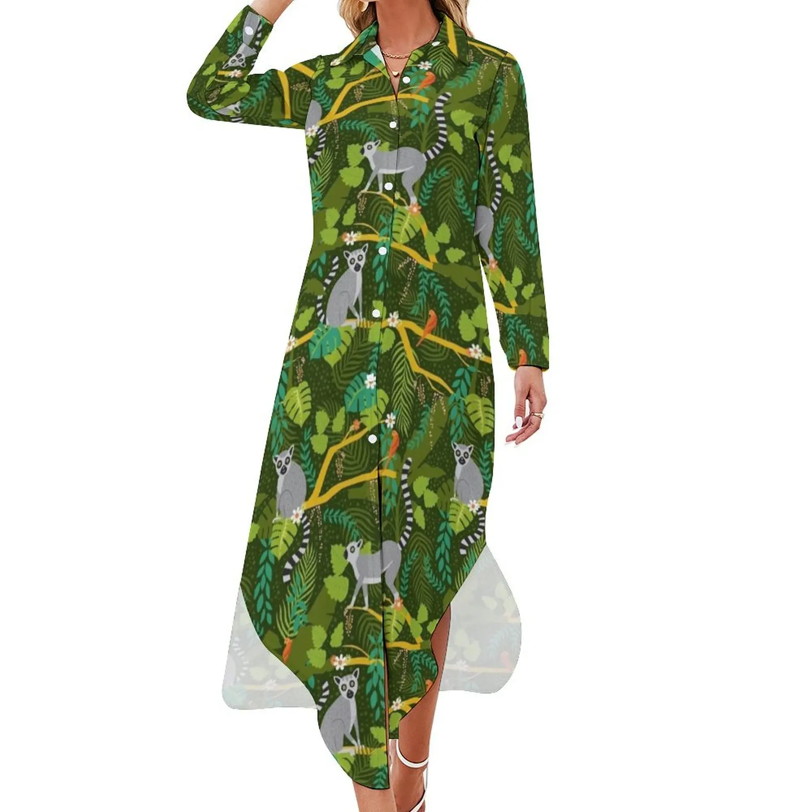 

Lemurs in a Green Jungle Long Sleeved Shirt Dress women's elegant loose dresses prom dresses Female dress