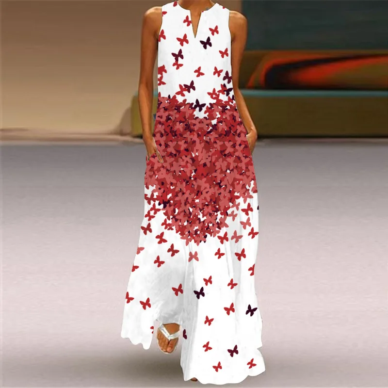 Elegant Wind Chime Printed White Long Dress 2024 Fashion New Women 3D Printed V-neck Loose Casual Beach Dress Платье Женское