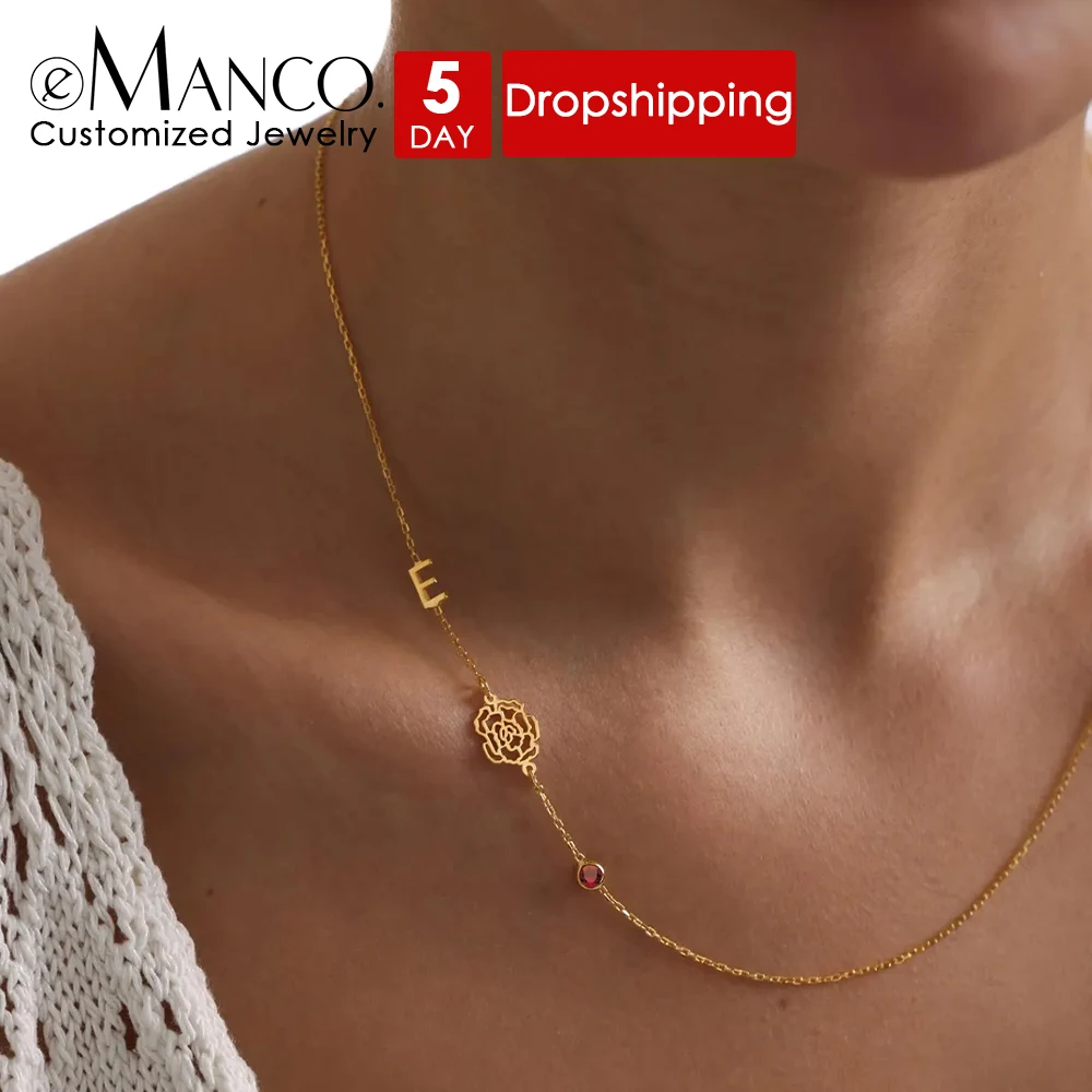 

eManco Stainless Steel Birthstone Alphabet Necklace Custom Birth Month Flower Necklaces Women's Jewelry Gift Factory Outlet
