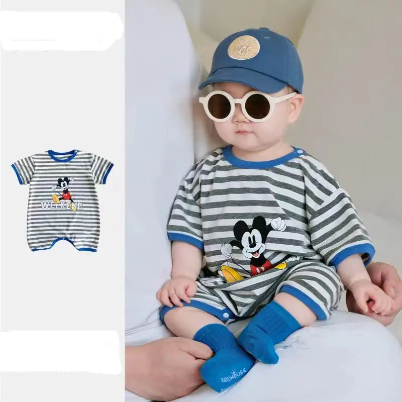 Disney Summer Newborn Baby Boy Short Sleeve Rompers Cartoon Mickey Mouse Print Jumpsuit Girl Cotton Kid Infant Outfit Clothes