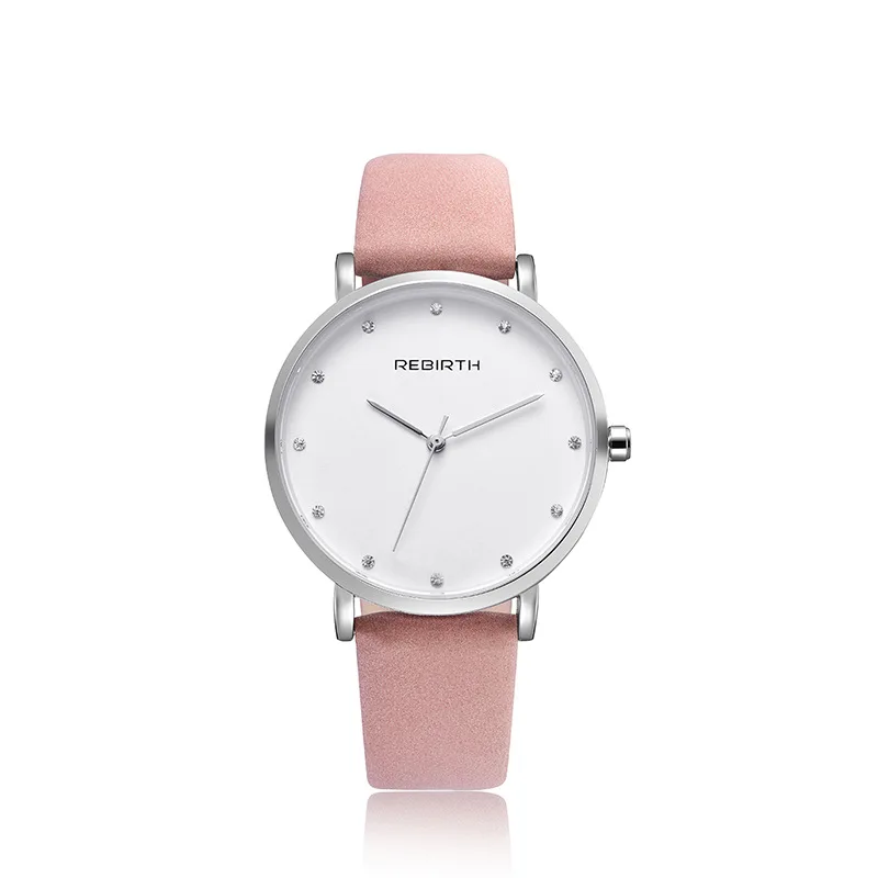 REBIRTH 057 Women's Quartz Watch Pink Black Simple Diamond Round Fashion Leather Strap Wristwatch for Ladies