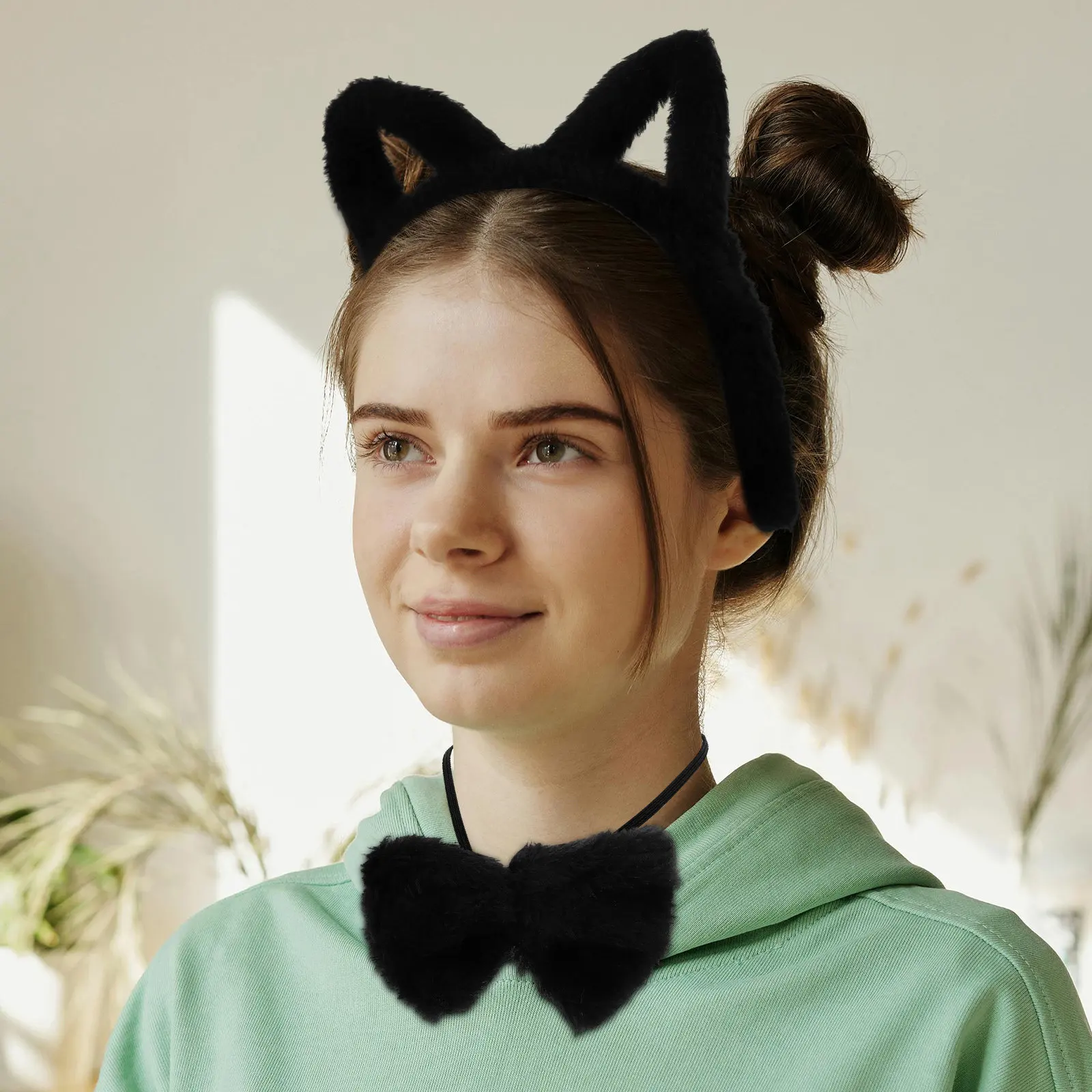 

Набор: повязка на голову с кошачьими ушками и хвостом, мягкий и удобный, для умывания, ухода за кожей, макияжа, спа-процедур, косплея, обруч для волос в виде животного, для девочек