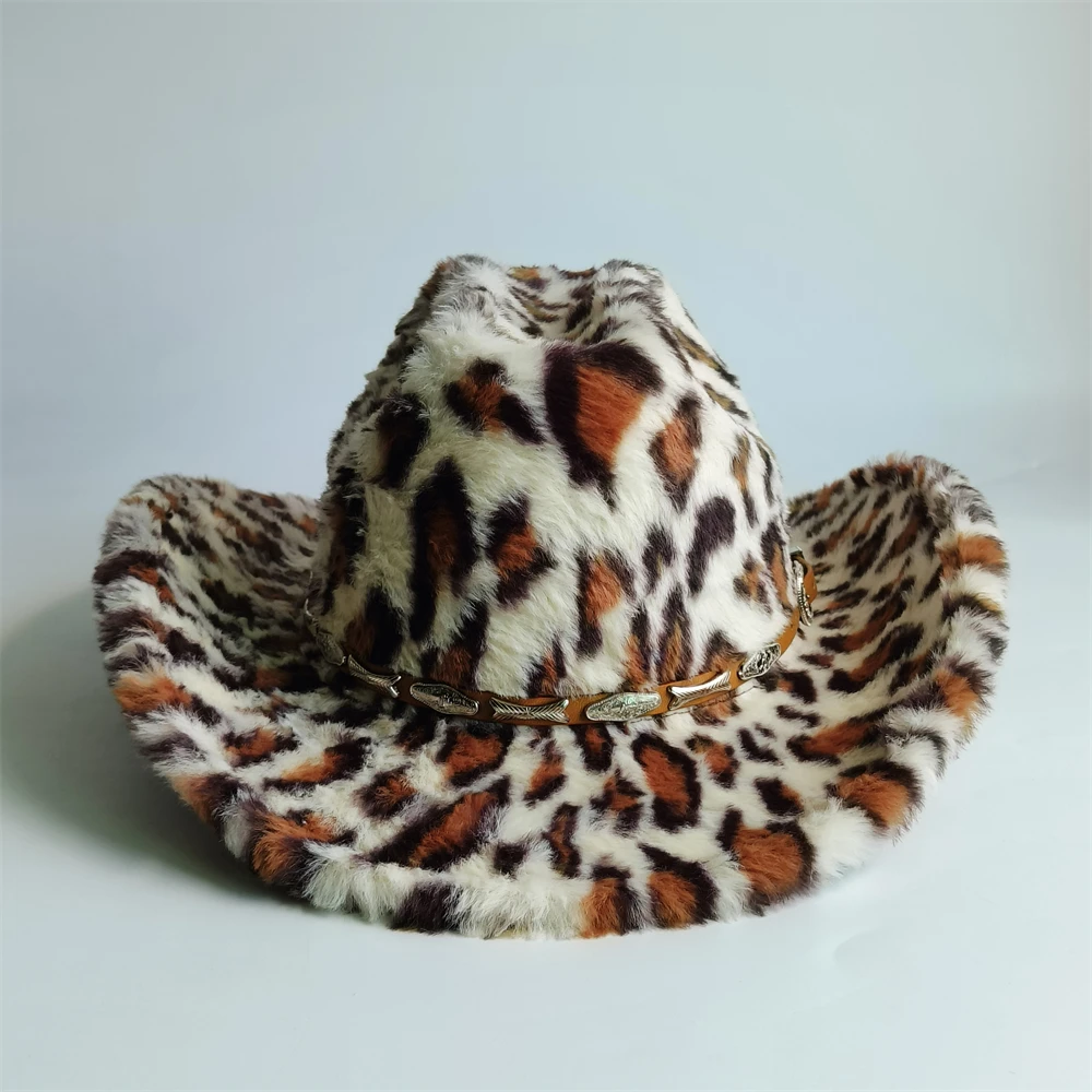 Faux Fur Leopard print Cowboy Hat for Men women wide brim cow winter warm cowboy hat winter Sombrero Hombre sombrero vaquero